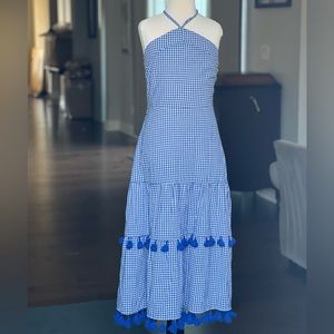 NWOT Free the Rose cotton dress. Beautiful blue gingham & pom pom detail. lined